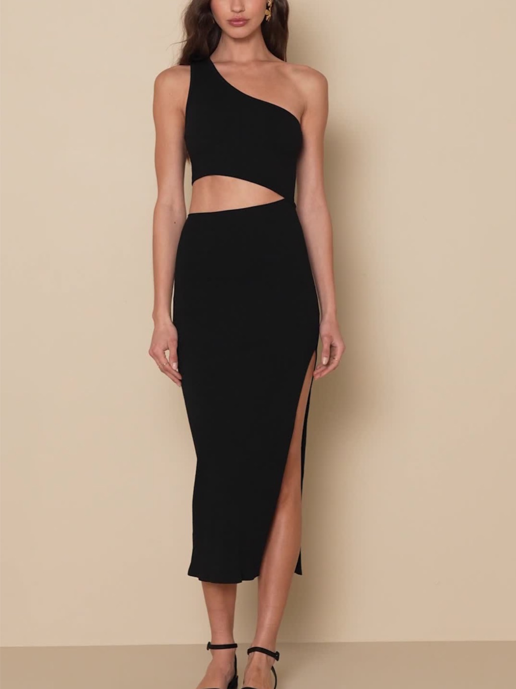Lulu's Black One-Shoulder Cutout Midi Dress